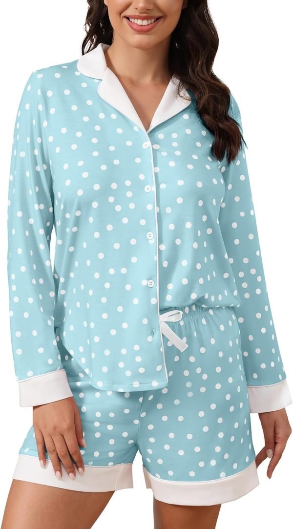 71-gGwHLhoL._AC_SL1500 Button Down Pajamas Sets Women Two-Piece Satin Silk Pjs Sets Loungewear Long Sleeve Sleepwear Shorts Nightwear Sets