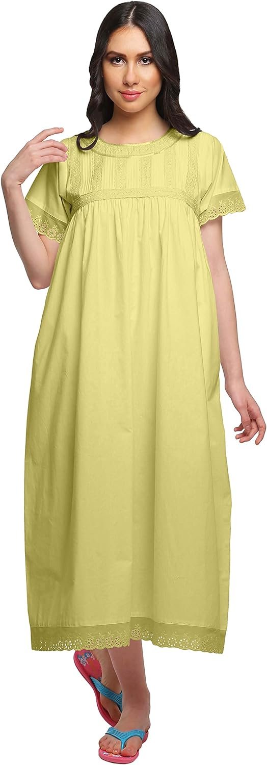 71-jiPV4NOL._AC_SL1500 Lace Neckline Cotton Sleepwear For Ladies Womens Round Neck Nightdress