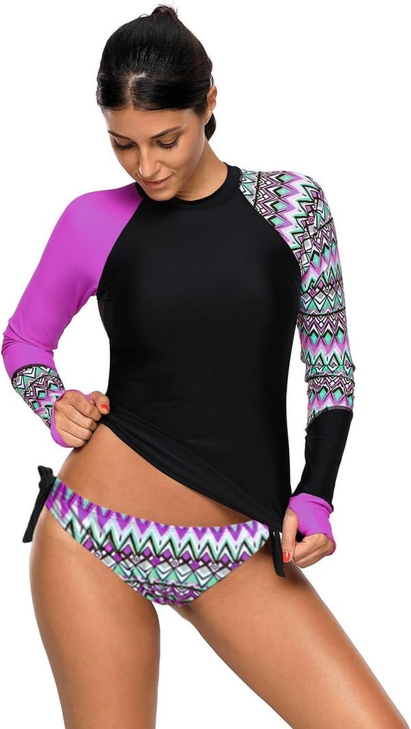 71-xeA4jNML._AC_SL1500 Women's Long Sleeves Rash Guard Athletic Swim Aztec Tankini Sets Swimsuit