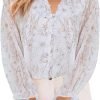 711a53xAQKL._AC_SL1500 Womens Casual Boho Floral Print V Neck Long Sleeve Blouses Button Down Shirts Dressy Chiffon Loose Ruffle Tops