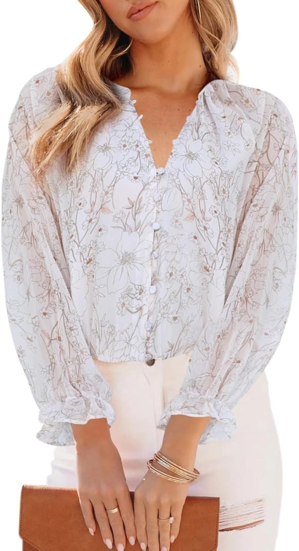 711a53xAQKL._AC_SL1500 Womens Casual Boho Floral Print V Neck Long Sleeve Blouses Button Down Shirts Dressy Chiffon Loose Ruffle Tops