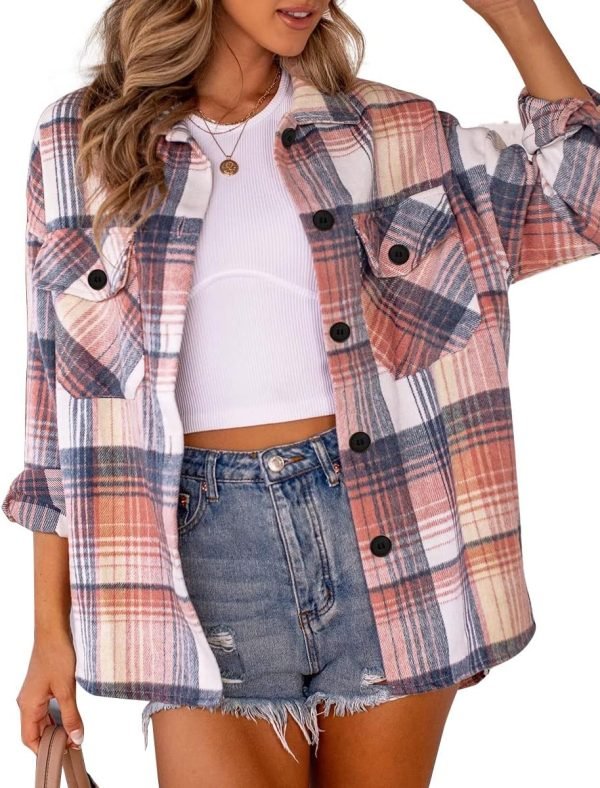 711upH3PDfL._AC_SL1200 Trendy Queen Womens Flannel Shacket Jacket Casual Plaid Button Down Long Sleeve Shirt Fall Clothes Outfits