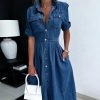 712k94G5oGL._AC_SL1500 Women Denim Shirt Dress V Neck Short Sleeve Long Bottom Down A-Line Jeans Dresses with Pockets