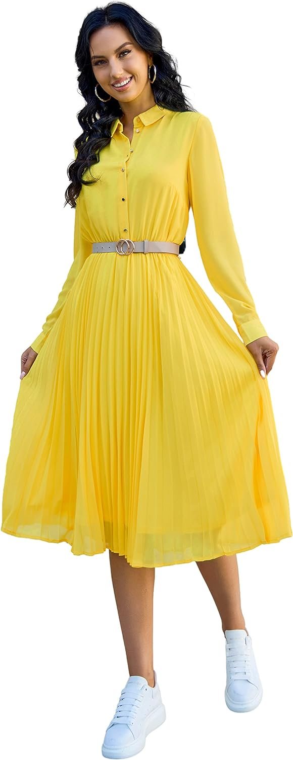 71367OjZETL._AC_SL1500 Business Casual Shirt Dress for Women Long Sleeves Pleated Midi Dresses with Belt