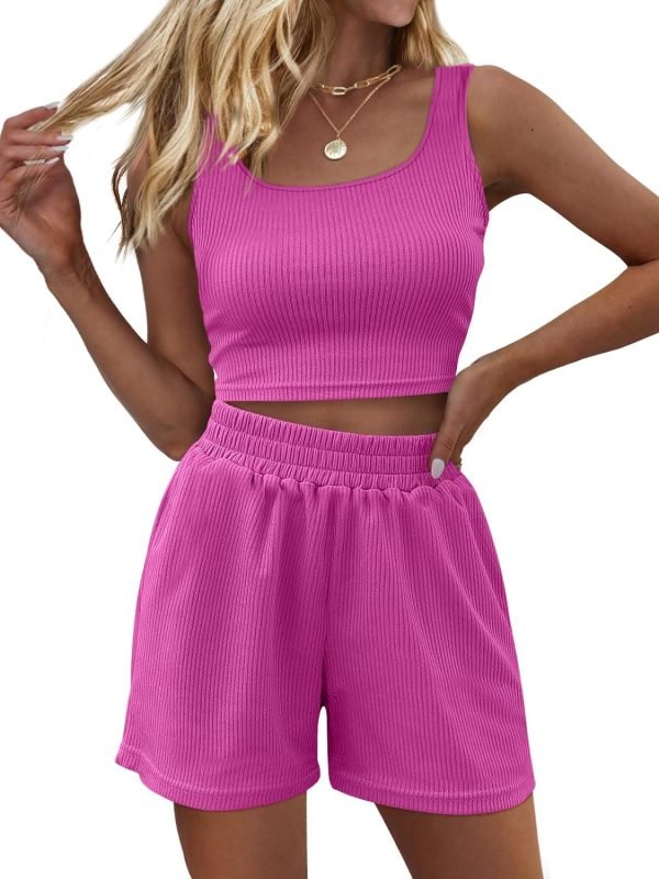 7143kZ1lrmL._AC_SL1500 Trendy Queen Two Piece Summer Outfits Women Shorts Sets 2 Piece Sleeveless Matching Lounge Crop Top and High Waisted Shorts