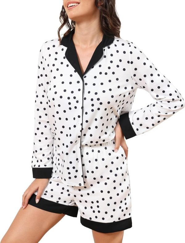 716k-x5hT-L._AC_SL1500 Button Down Pajamas Sets Women Two-Piece Satin Silk Pjs Sets Loungewear Long Sleeve Sleepwear Shorts Nightwear Sets