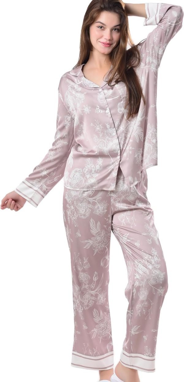 718dYDBiDcL._AC_SL1500 Women's Silky Satin Pajamas Set Long sleeve and Pants Sleepwear Soft and Comfy Button Down Loungewear Relaxed Fit