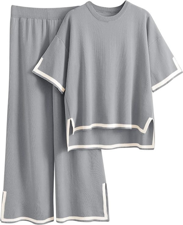 719Fav7by9L._AC_SL1500 Womens Knit 2 Piece Sweater Sets Short Sleeve Pullover Tops Elastic Waist Wide Leg Pants Lounge Set