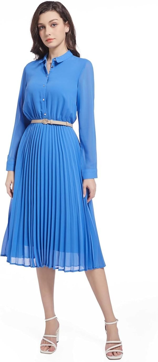719pjFbDxVL._AC_SL1500 Business Casual Shirt Dress for Women Long Sleeves Pleated Midi Dresses with Belt