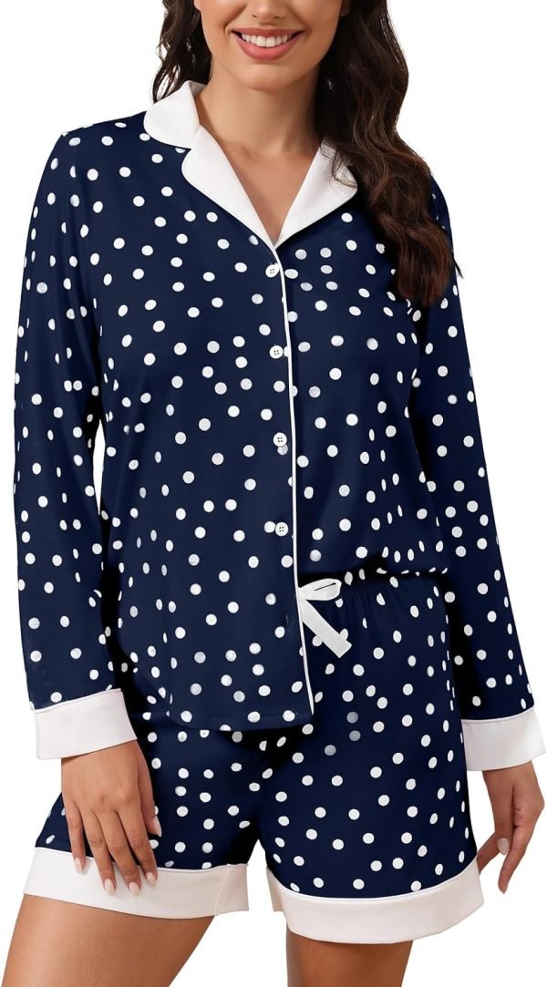 719xpFVkVeL._AC_SL1500 Button Down Pajamas Sets Women Two-Piece Satin Silk Pjs Sets Loungewear Long Sleeve Sleepwear Shorts Nightwear Sets