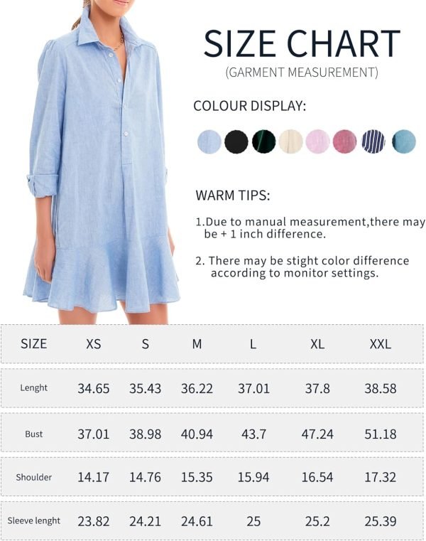 71Ac5nrNswL._AC_SL1500 Women's Tunic Mini Shirt Dress Cotton Long Sleeve Ruffle Hem Dress Button Up Shift Chambray Dresses