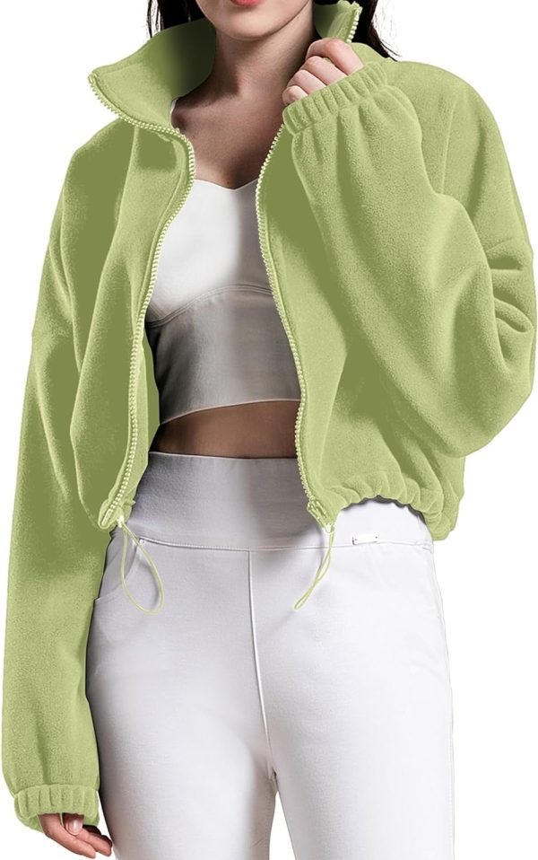 71Ar-EiOqKL._AC_SL1500 Women's Full Zip Fleece Short Jacket Oversized Athletic Running Long Sleeve Stand Collar Crop Warm Sherpa Coat