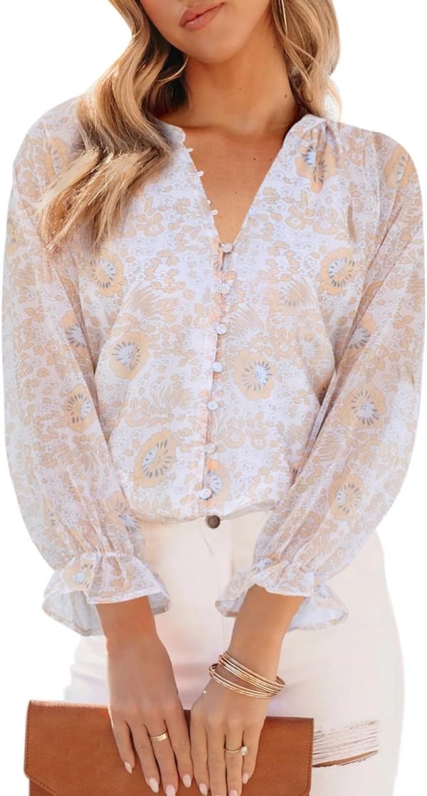 71AsYiB431L._AC_SL1500 Womens Casual Boho Floral Print V Neck Long Sleeve Blouses Button Down Shirts Dressy Chiffon Loose Ruffle Tops