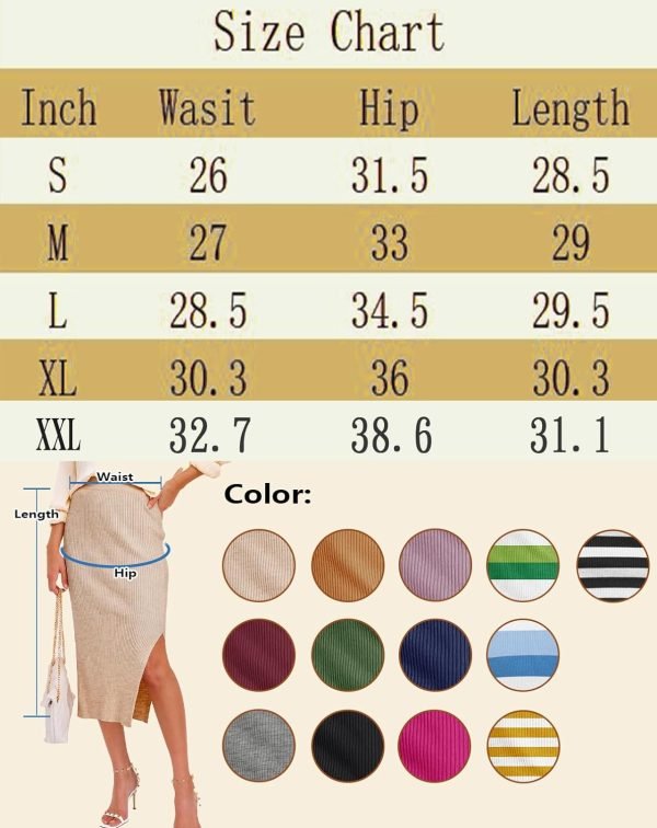 71B2VtZJzCL._AC_SL1500 Midi Pencil Basic Skirt Casual Solid Split Side Stretchy Ribbed Knit Bodycon Mid Length Skirts for Women
