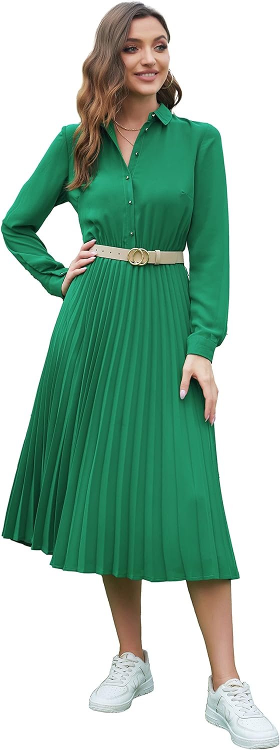 71BPY9uBwKL._AC_SL1500 Business Casual Shirt Dress for Women Long Sleeves Pleated Midi Dresses with Belt