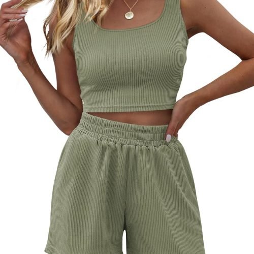 71BsFTak7jL._AC_SL1500 Trendy Queen Two Piece Summer Outfits Women Shorts Sets 2 Piece Sleeveless Matching Lounge Crop Top and High Waisted Shorts