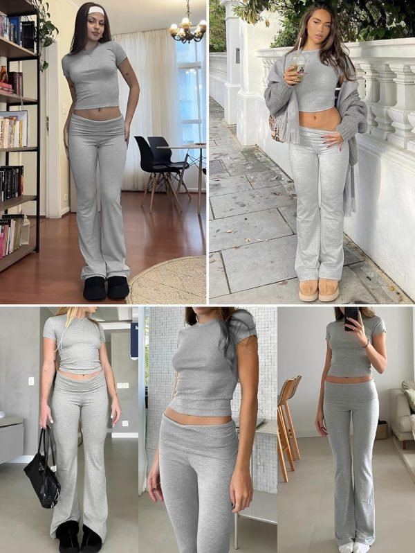 71DMCBDzb-L._AC_SL1500 Casual Workout Two Piece Outfits for Women Short Sleeve Crop High Waist Foldover Flare Pants Tracksuit Sets Streetwear
