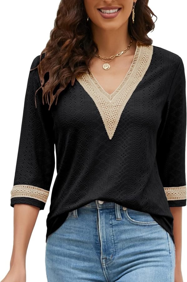 Women's Casual 3/4 Sleeve Shirts Lace V Neck Color Block Dressy Tops Trendy Hollow Floral Blouses T Shirts S-XXL