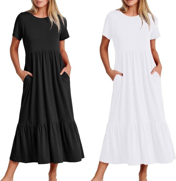 Womens Summer Dresses Casual Short Sleeve Crewneck Swing Dress Casual Tiered t Shirt Dress with Pockets 2024 Trendy Outfits