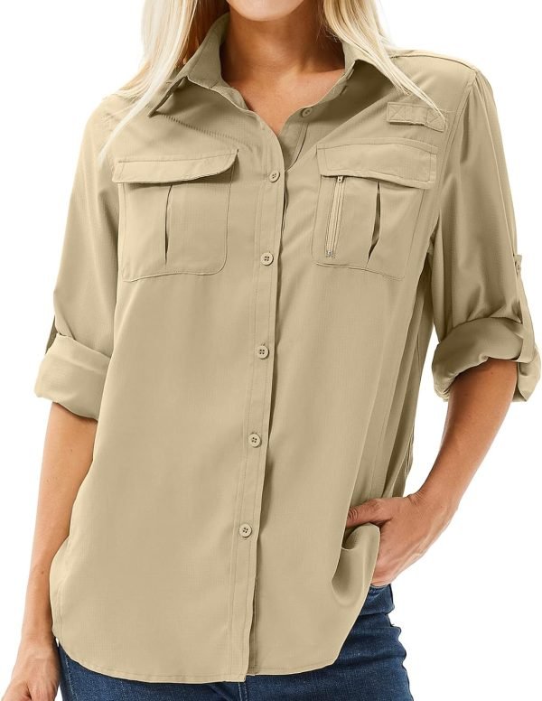 71ESMYKRprL._AC_SL1500 Women's UPF 50+ Long Sleeve UV Sun Protection Safari Shirt, Quick Dry SPF Hiking Fishing Breathable Shirts