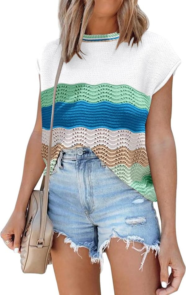 Womens Cap Sleeve Sweater Vest Summer Tops Sleeveless Tank Tops 2024 Trendy Spring Clothes Striped Short Sleeve Shirts