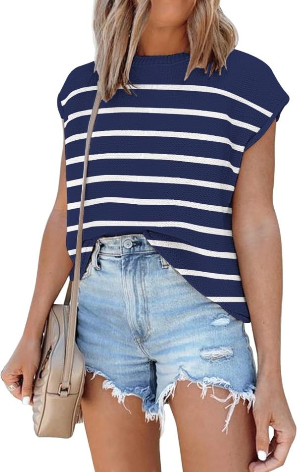 Womens Cap Sleeve Sweater Vest Summer Tops Sleeveless Tank Tops 2024 Trendy Spring Clothes Striped Short Sleeve Shirts