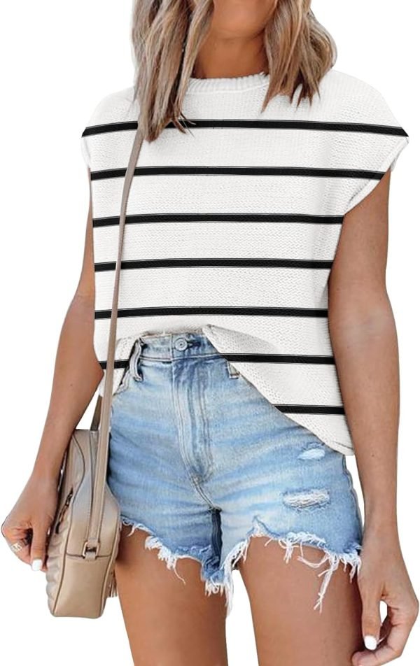 Womens Cap Sleeve Sweater Vest Summer Tops Sleeveless Tank Tops 2024 Trendy Spring Clothes Striped Short Sleeve Shirts