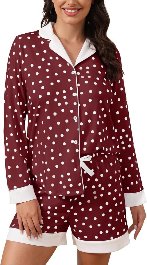 71GRjHKsWjL._AC_SL1500 Button Down Pajamas Sets Women Two-Piece Satin Silk Pjs Sets Loungewear Long Sleeve Sleepwear Shorts Nightwear Sets