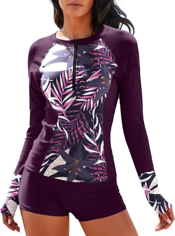 71GScttyOML._AC_SL1500 Women Two Piece Rash Guard Long Sleeve Half-Zipper UPF 50 Athletic Surfing Swimsuit