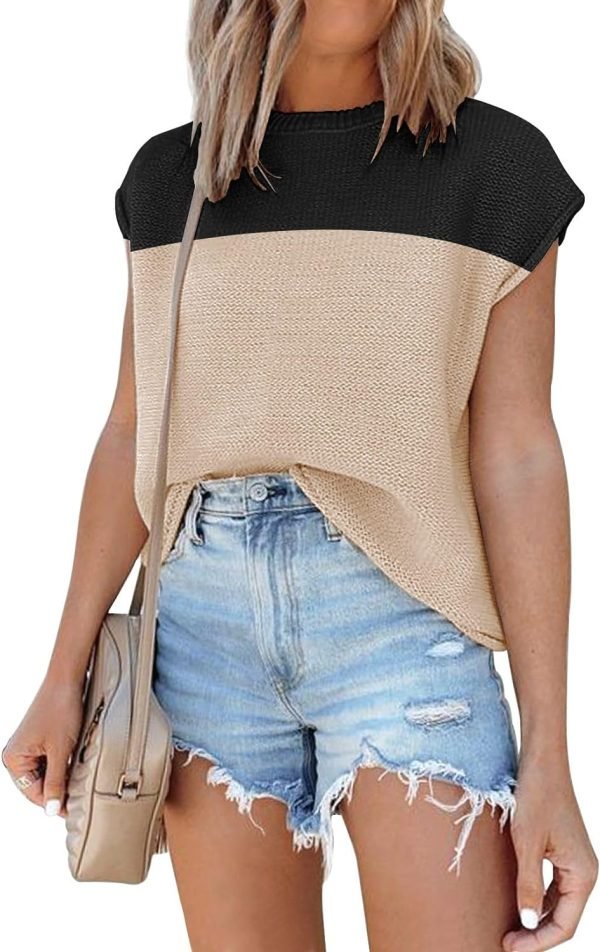 Womens Cap Sleeve Sweater Vest Summer Tops Sleeveless Tank Tops 2024 Trendy Spring Clothes Striped Short Sleeve Shirts