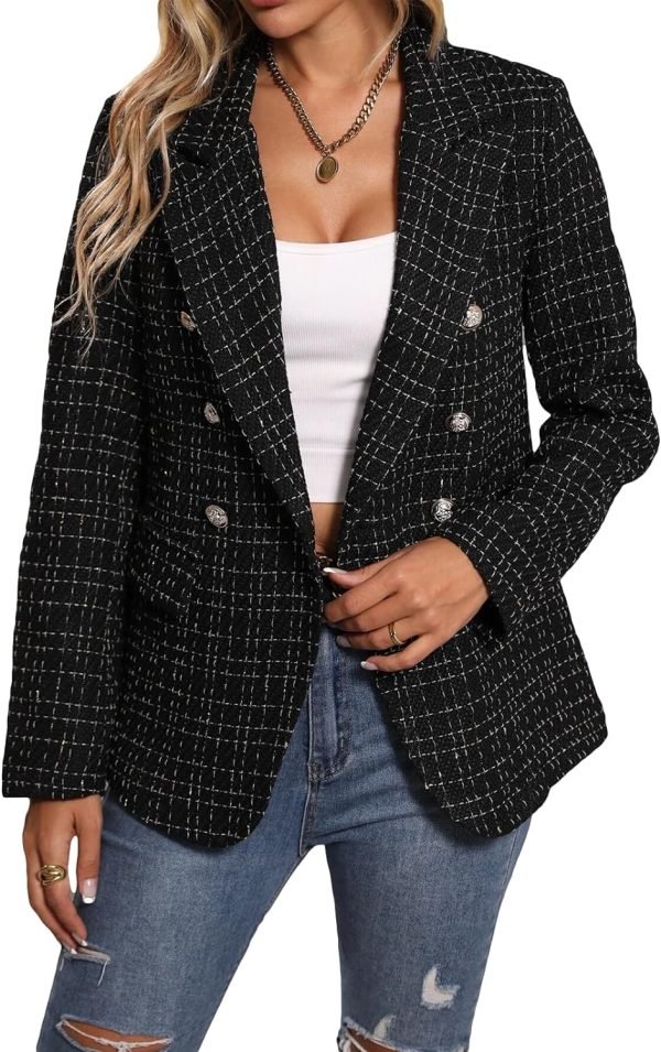 71I67715VkL._AC_SL1500 Womens Casual Blazer 2024 Spring Open Front Business Work Tweed Plaid Jacket Suit Pocket (S-XXL)
