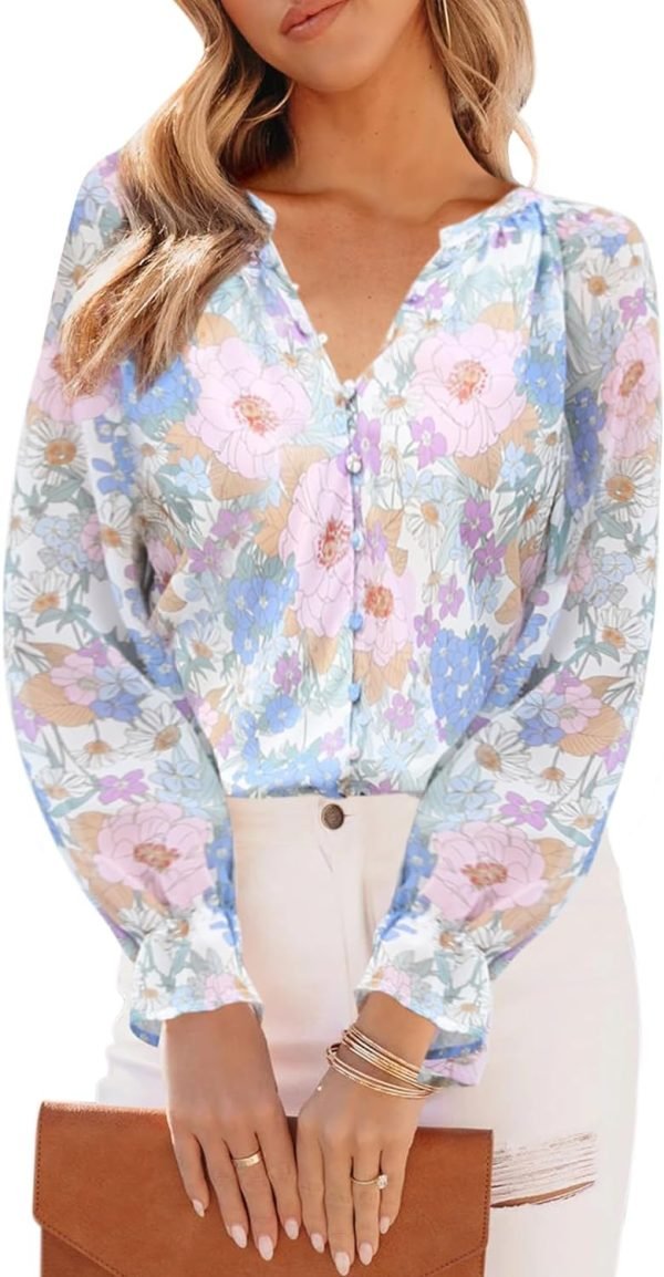 71K7xOO3BXL._AC_SL1500 Womens Casual Boho Floral Print V Neck Long Sleeve Blouses Button Down Shirts Dressy Chiffon Loose Ruffle Tops