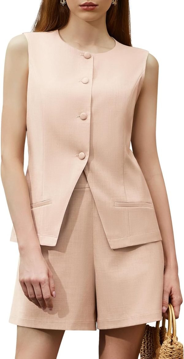 71KBch5eMgL._AC_SL1500 Women's Summer 2 Piece Outfits Sleeveless Round Neck Button Down High Waisted Pants 2024 Business Work Sets