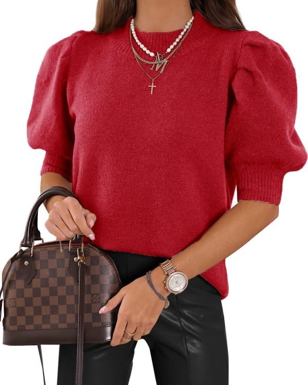 71Mj0xIPRTL._AC_SL1145 Women's Puff Short Sleeve Sweaters 2024 Fashion Spring Tops Casual Pullover Shirts