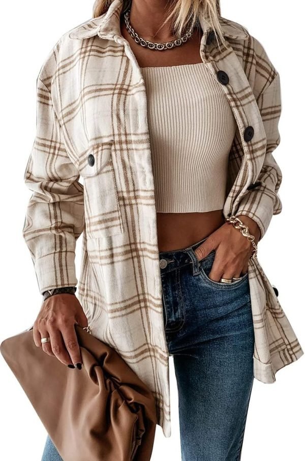71NCrpzEqrL._AC_SL1200 Trendy Queen Womens Flannel Shacket Jacket Casual Plaid Button Down Long Sleeve Shirt Fall Clothes Outfits