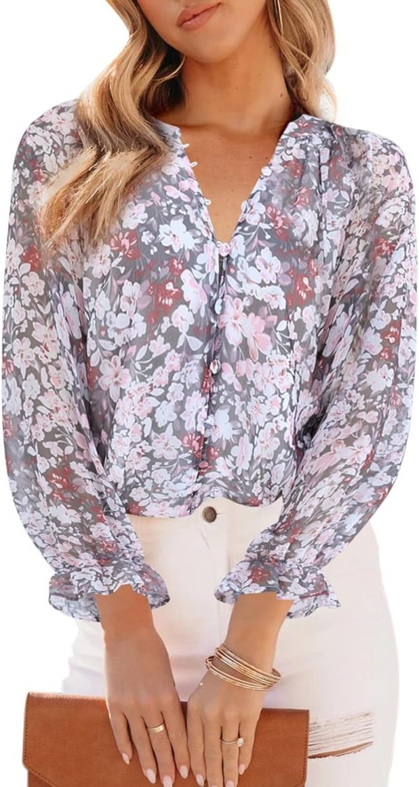 71NTAL4TTuL._AC_SL1500 Womens Casual Boho Floral Print V Neck Long Sleeve Blouses Button Down Shirts Dressy Chiffon Loose Ruffle Tops