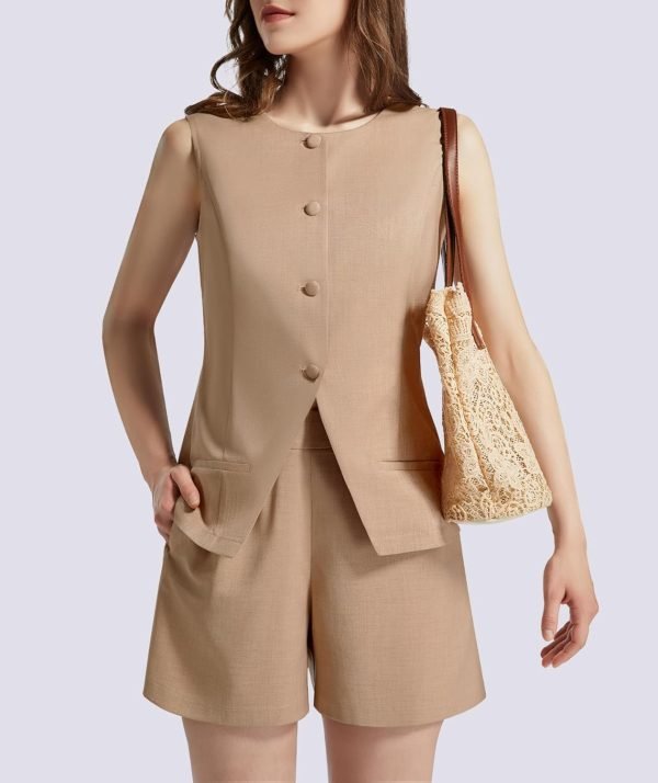 71OXyVjQOtL._AC_SL1500 Women's Summer 2 Piece Outfits Sleeveless Round Neck Button Down High Waisted Pants 2024 Business Work Sets