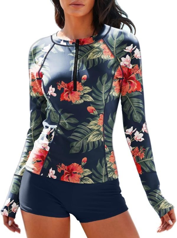 71OvqVEF7-L._AC_SL1500 Women Two Piece Rash Guard Long Sleeve Half-Zipper UPF 50 Athletic Surfing Swimsuit