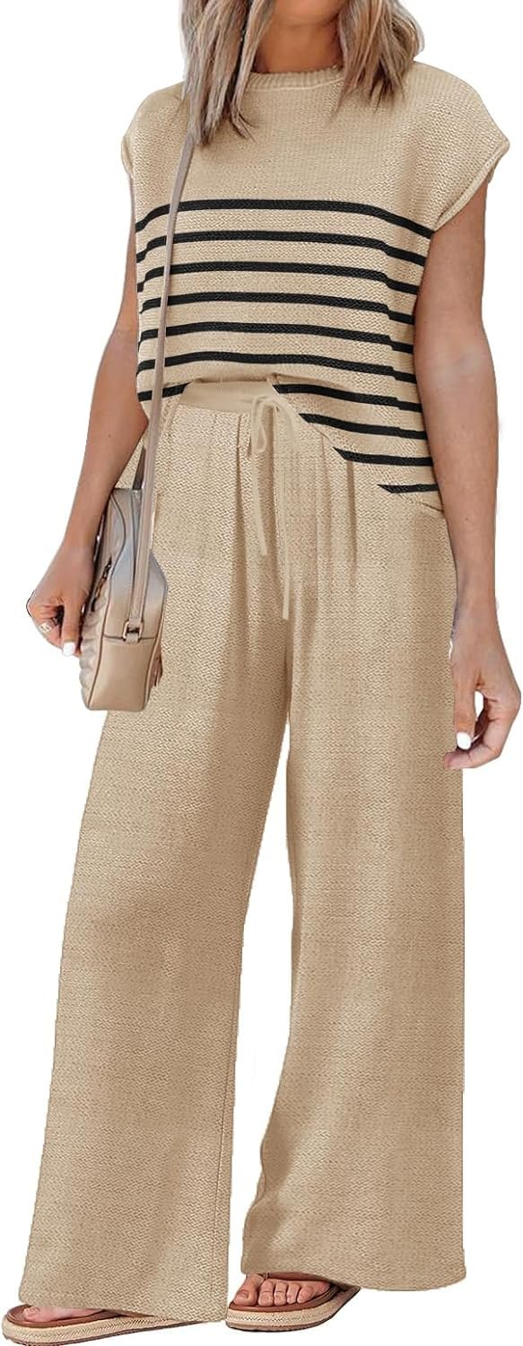 71Q0M6h1eXL._AC_SL1500 Sets for Women Spring Outfits for Women 2024 Travel Wide Leg Pant Summer Two Piece Sets Lounge Matching Sets