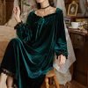 71R11vZj4vL._AC_SL1500 Women's Long Sleeve Nightgown Velvet Sleep Dress Ruffle Crew Neck Mid-length Nightdress