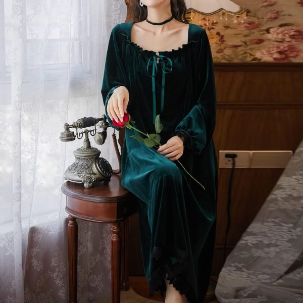 71RMvyt5ARL._AC_SL1500 Women's Long Sleeve Nightgown Velvet Sleep Dress Ruffle Crew Neck Mid-length Nightdress