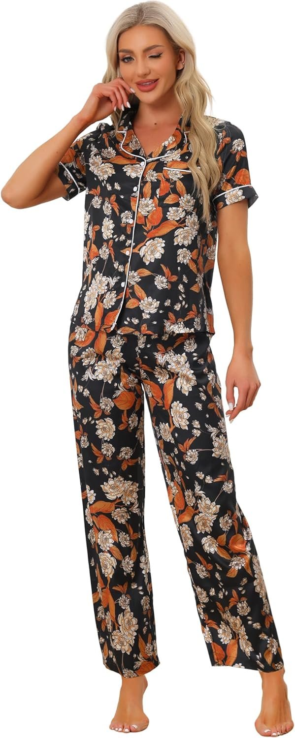 Womens Satin Floral Sleepwear Short Sleeves Button Down Tops with Pants Lounge Pajamas Sets