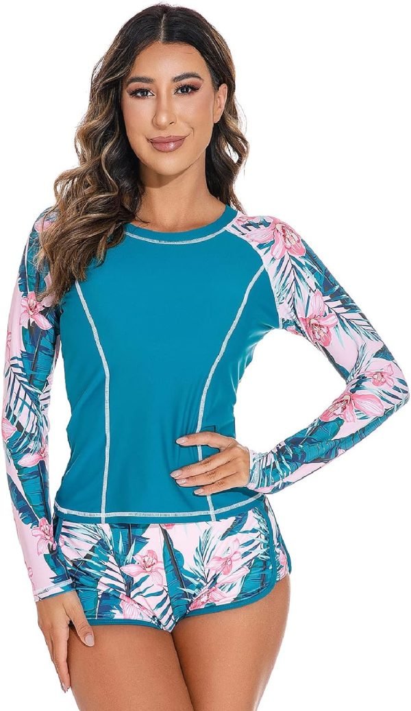 71T-m5YauTL._AC_SL1500 Women 2 Piece Rash Guard Long Sleeve Swimsuits Swim Shirt with Shorts Set Sun Protection UPF 50+ Surf Bathing Suits