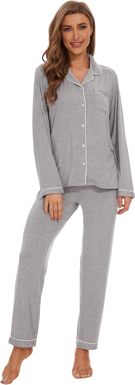 71T93fy1S5L._AC_SL1500 Button Up Pajamas for Women Long Sleeve Sleepwear Soft Loungewear Ladies Pjs Set XS-XXL