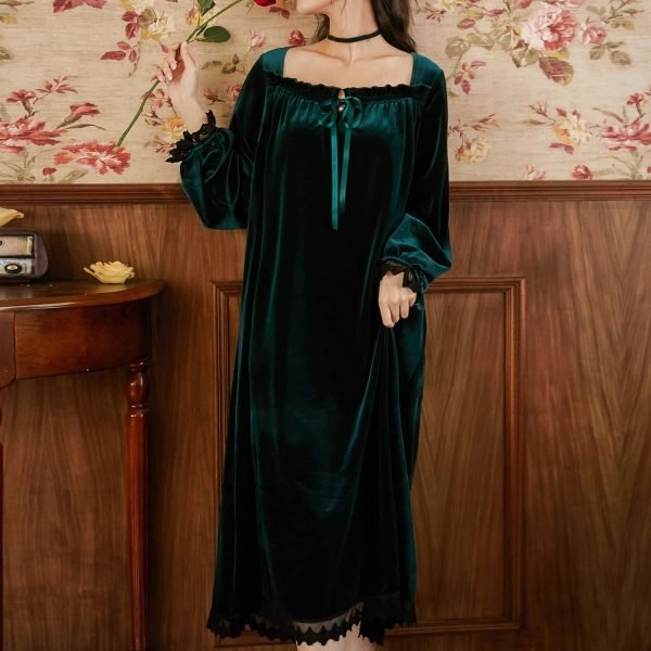 71VI-yqaJpL._AC_SL1500 Women's Long Sleeve Nightgown Velvet Sleep Dress Ruffle Crew Neck Mid-length Nightdress