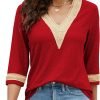 Women's Casual 3/4 Sleeve Shirts Lace V Neck Color Block Dressy Tops Trendy Hollow Floral Blouses T Shirts S-XXL