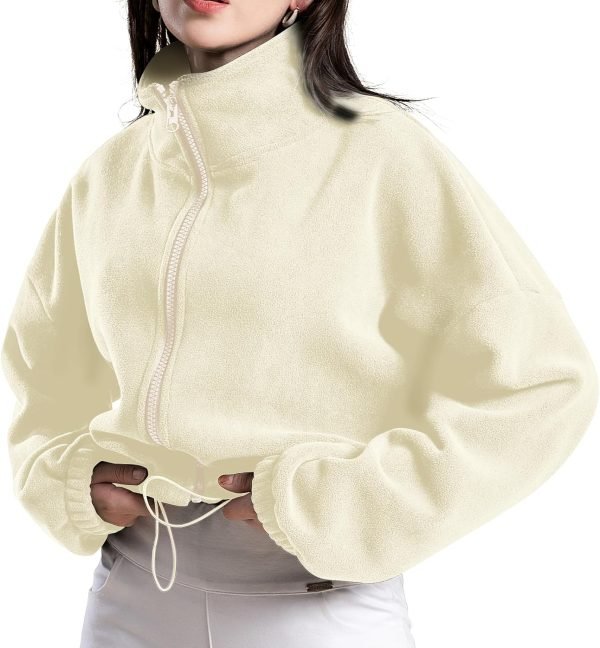 71WdGeCZA8L._AC_SL1500 Women's Full Zip Fleece Short Jacket Oversized Athletic Running Long Sleeve Stand Collar Crop Warm Sherpa Coat
