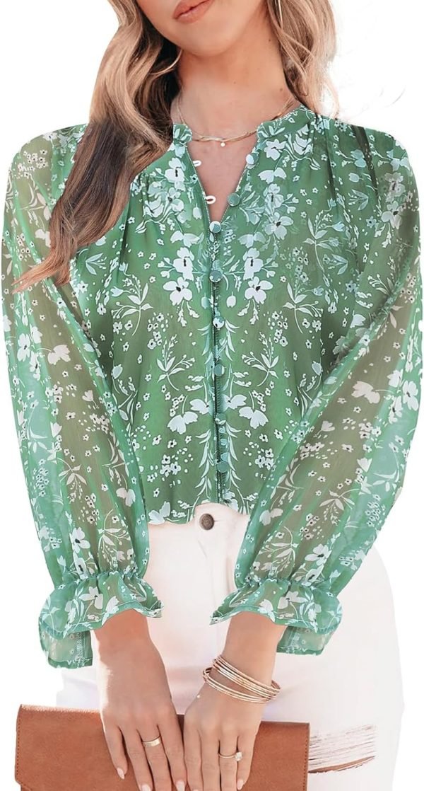 71X6774Va3L._AC_SL1500 Womens Casual Boho Floral Print V Neck Long Sleeve Blouses Button Down Shirts Dressy Chiffon Loose Ruffle Tops