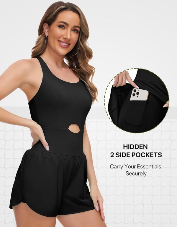 71XQBYdwLNL._AC_SL1500 Athletic Romper Workout Onesie for Women, Quick-dry Running Active Romper One Piece Outfits with 2 Side Pockets