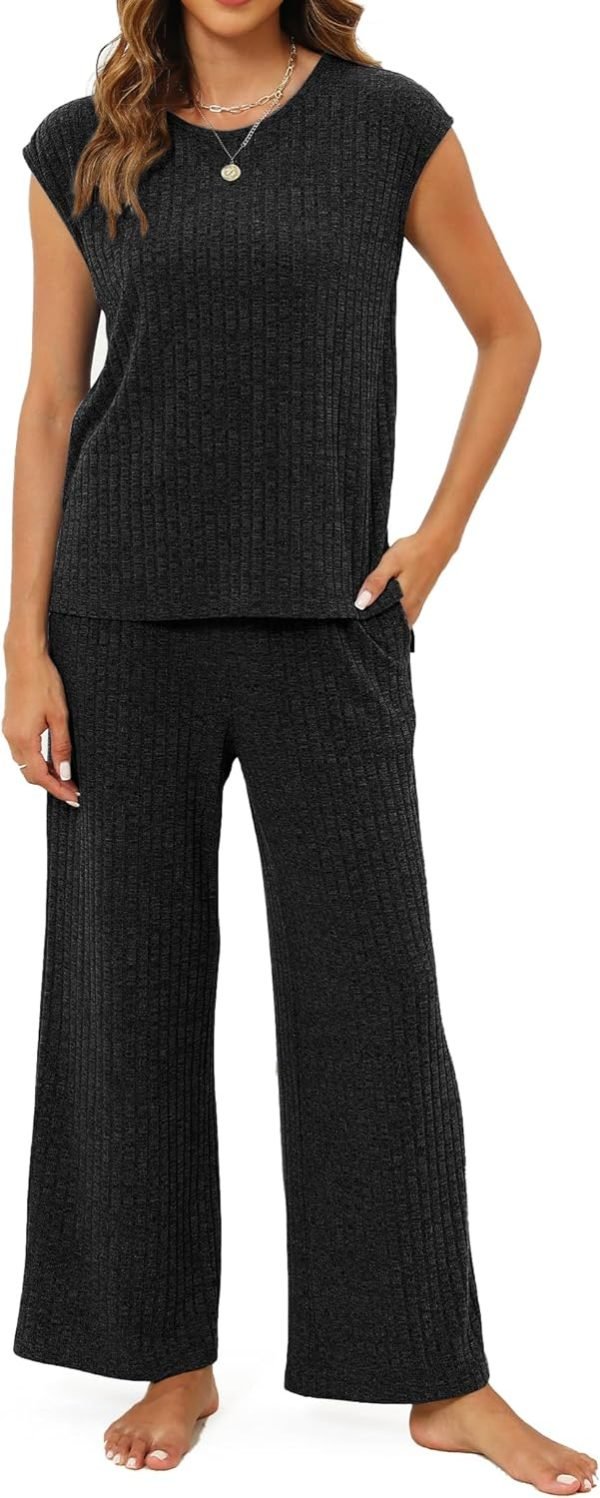 71Y33W9w4SL._AC_SL1500 Pajama Sets for Women 2 Piece Ribbed Knit Summer Cute Pj Set Comfy Matching Lounge Sets Loungewear Sleepwear